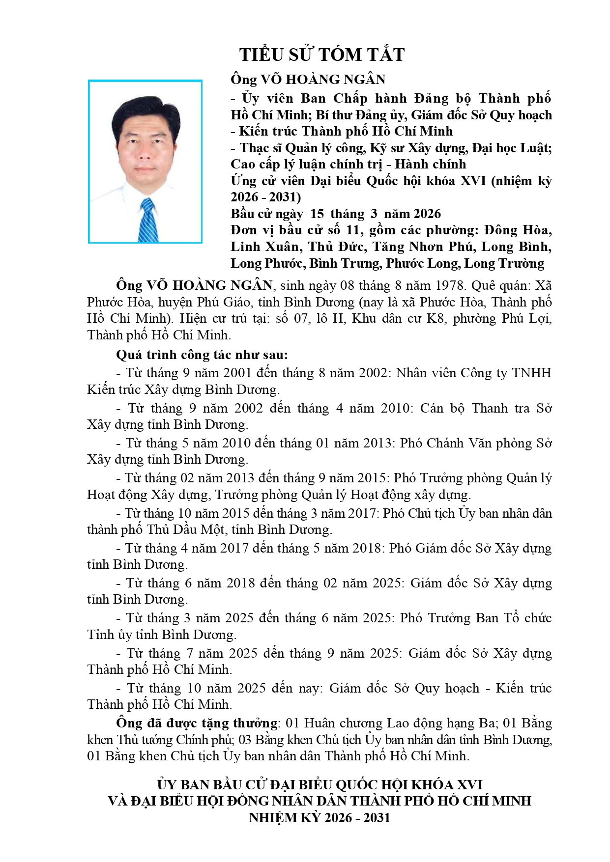 Tóm tắt tiểu sử ông Võ Hoàng Ngân ứng cử Đại biểu Quốc hội Khóa XVI